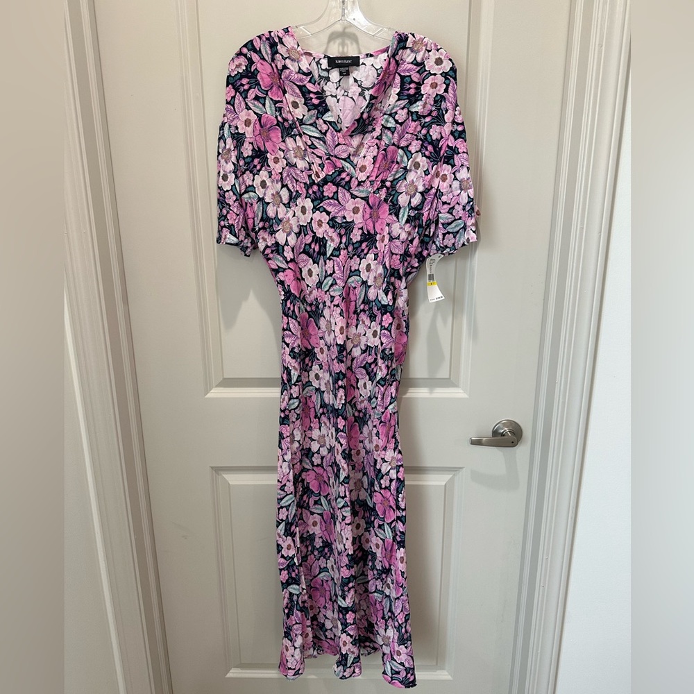 NWT Karen Kane size medium pink floral v-neck flutter sleeve maxi dress - Picture 2 of 7